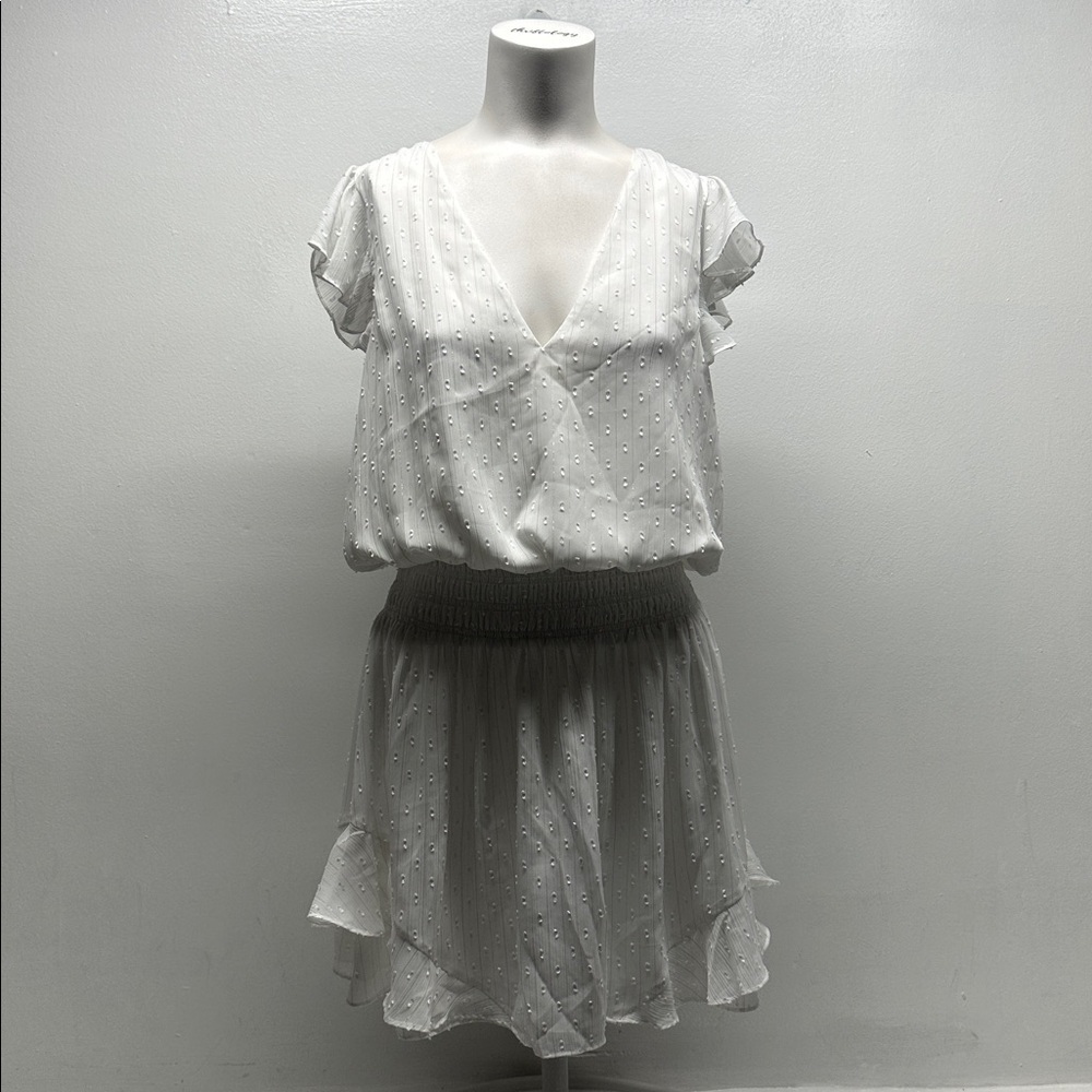 Ramy Brook Simona Dress Smoked Short Sleeve Mini White Silver Stripe Size Medium